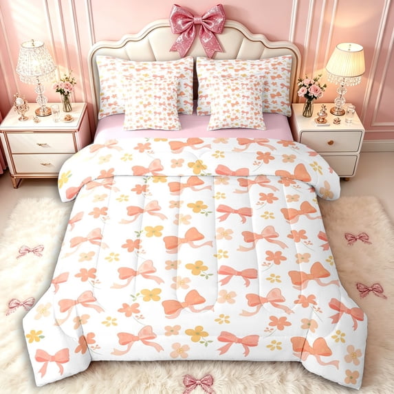 Manfei Kawaii Floral Bow Twin Bedding Sets 7-Piece for Kids Girls,Teens Chic Flowers Bowknot Bedding Comforter Set,Pink Reversible,Luxury Bedroom Decor