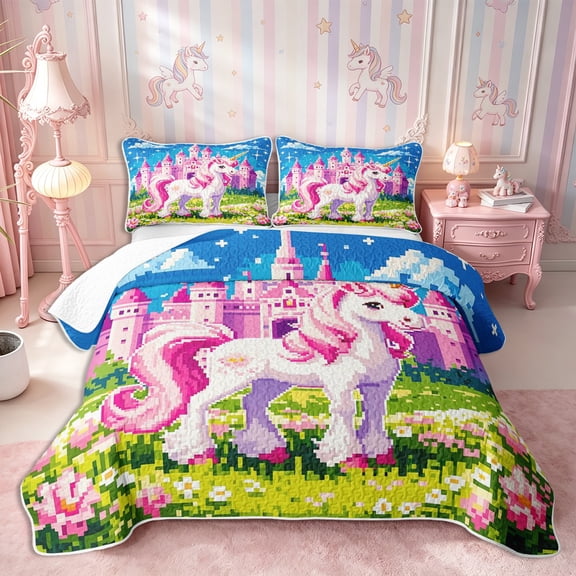 Manfei Kawaii Floral Unicorn Bed Spread Queen 3pcs,Dreamy Princess Castle Queen Coverlet Set,1 Quilt and 2 Pillowcases