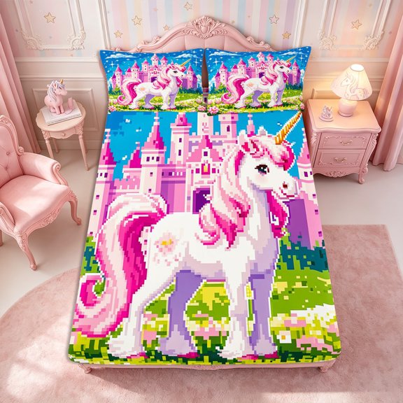 Manfei Kawaii Floral Unicorn Fitted Sheet Full 3 Pieces,Dreamy Princess Castle Bed Set,1 Fitted Sheet and 2 Pillowcases