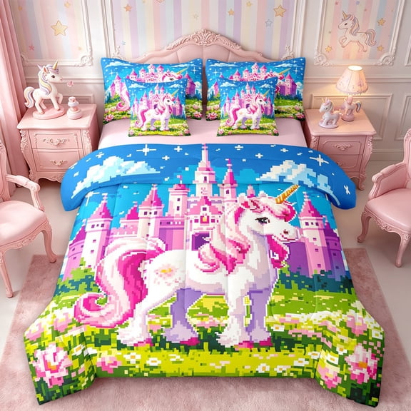 Manfei Kawaii Floral Unicorn Queen Bedding 7pcs,Dreamy Princess Castle Bedding Comforter Set Queen,Reversible
