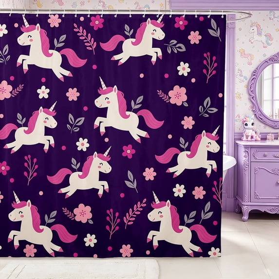Manfei Kawaii Floral Unicorn Shower Curtain 72Wx72L,Dreamy Princess Animal Bathroom Curtain