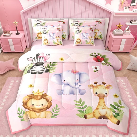 Manfei Kawaii Flower Elephant Bedding Comforter Set 7pcs, Cute Lion Giraffe Zebra Queen Bedding Sets, Cartoon Zoo Animal Reversible Queen Sheet Sets, Lightweight Room Decor