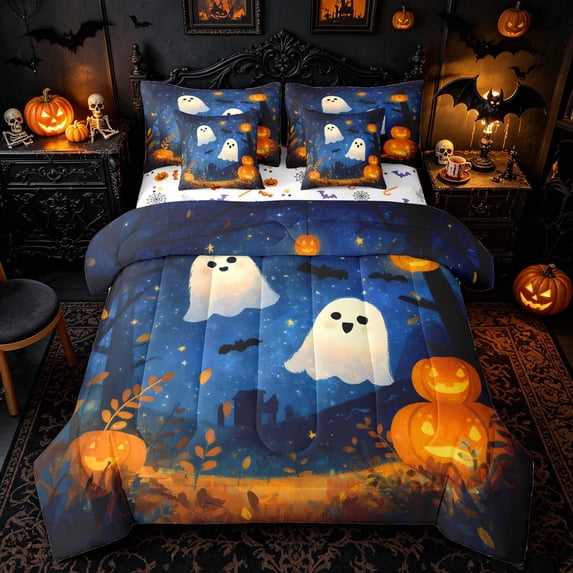 Manfei Kawaii Forest Ghost King Bedding for Kids, Night Sky Halloween Pumpkin King Bed in a Bag, Halloween Reversible, 7pcs