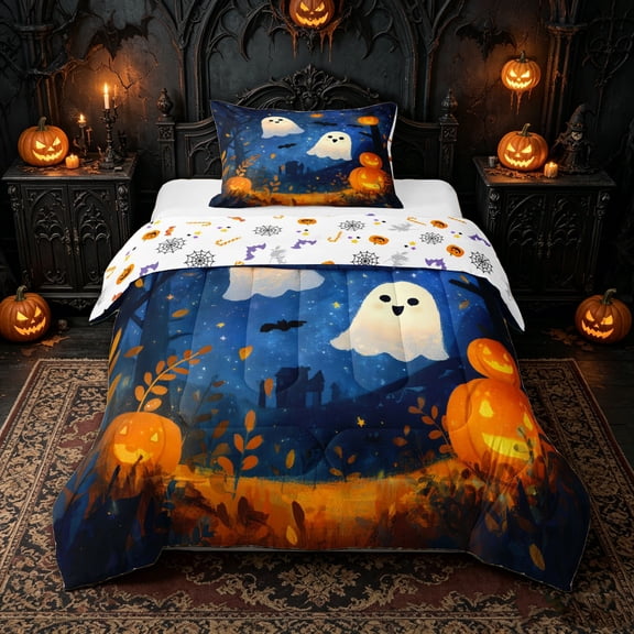 Manfei Kawaii Forest Ghost Twin Comforter Sets for Kids, Night Sky Halloween Pumpkin Bedding Set, Halloween Reversible, 2pcs, 1 Comforter and 1 Pillowcase
