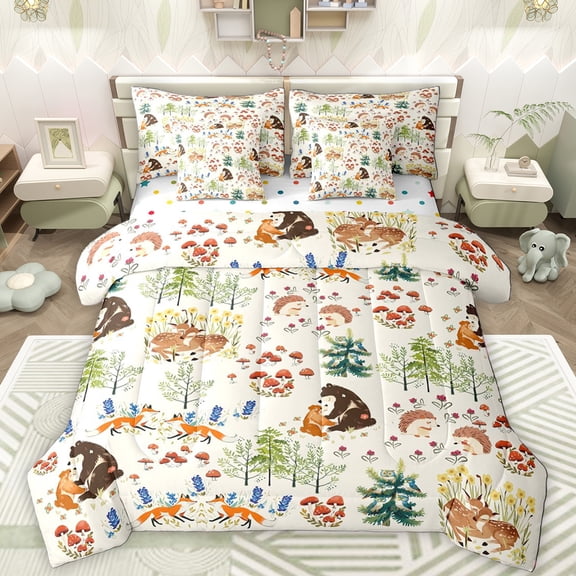 Manfei Kawaii Fox 7-Piece Bedding Comforter Set,Safari Animal Bear King Bedding Sets,Rustic Flower Mushroom Bed Sheets For Adults,Ultra Soft Home Decor Reversible