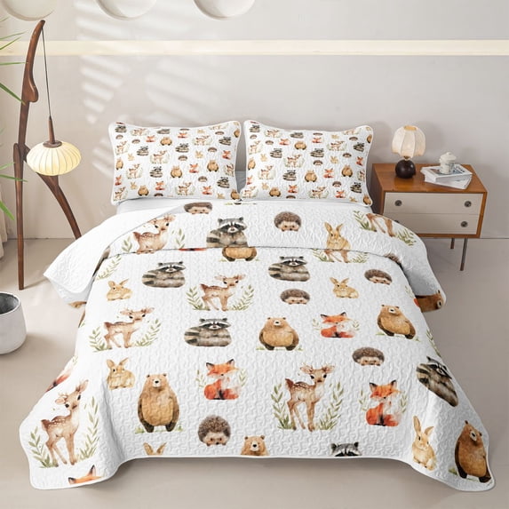 Manfei Kawaii Fox Bed Spread Queen,Woodland Animals Queen Coverlet Set,White,3 Pieces