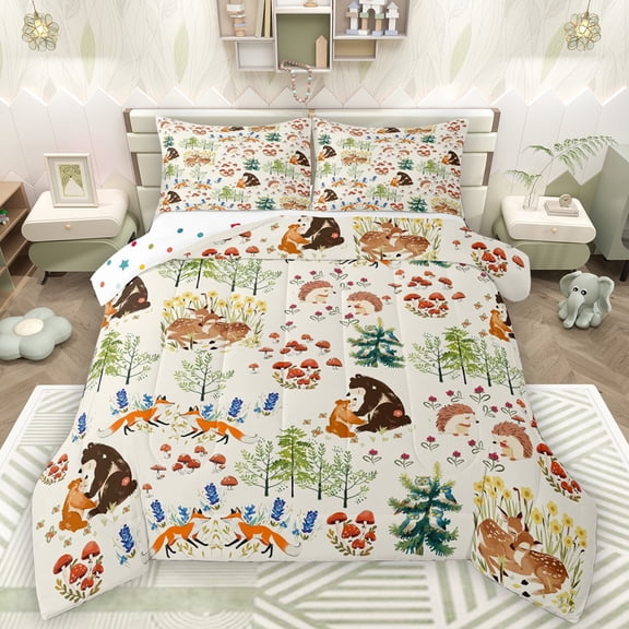 Manfei Kawaii Fox Bedding Comforter Set,Safari Animal Bear Twin Comforter Sets,Rustic Flower Mushroom Bedding Set For Adults,Ultra Soft Home Decor Reversible,2-Piece