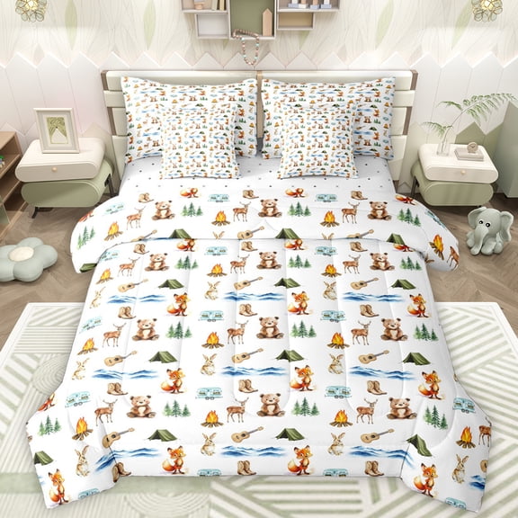 Manfei Kawaii Fox Rabbit 7-Piece Twin Bedding Sets,Cartoon Music Guitar Bedding Comforter Set,Jungle Bear Sheet Sets For Boys Teens,Microfiber Bedroom Decor Reversible