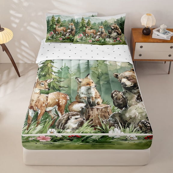 Manfei Kawaii Fox Zipper Twin Comforter Sets with Fitted Sheet and 2 Pillowcases,Cute Bear Print Zipper Bedding Set,Green,Reversible,4pcs