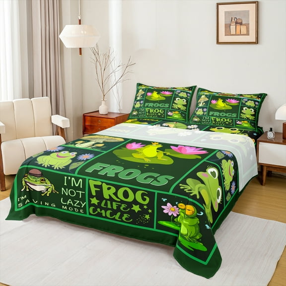 Manfei Kawaii Frog Bed Sheets 4pcs for Kids, Funny Wildlife King Sheets, Animal Plaid Sheet Set, Ultra Soft Home Decor