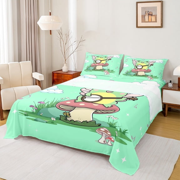 Manfei Kawaii Frog Mushroom Full Size Sheets,Musical Meldoy Bed Sheets,Green Cyan Yellow Sheet Sets For Girl Boy,Super Cozy Room Decor,4-Piece