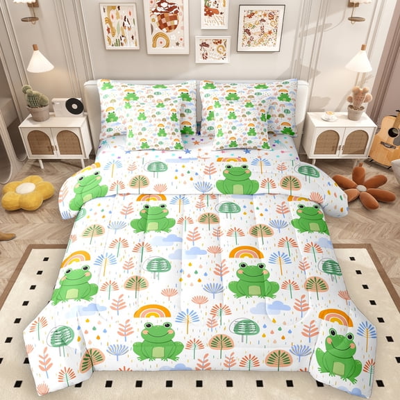 Manfei Kawaii Frog Prince 7pcs Bedding Comforter Set for Teen, Leaf Plant Queen Bedding Sets, Cartoon Animal Theme Reversible Queen Sheet Sets, Breathable Home Decor