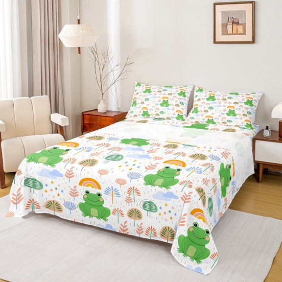 Manfei Kawaii Frog Prince Bed Sheets for Teen, Leaf Plant King Sheets, Cartoon Animal Theme Sheet Set, Breathable Home Decor, 4pcs