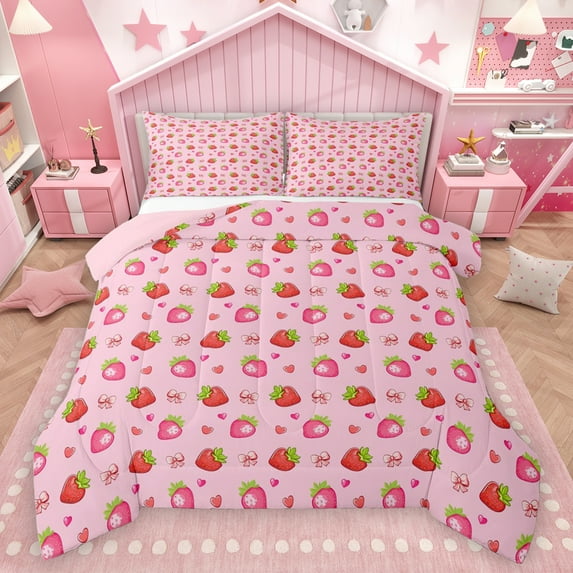 Manfei Kawaii Fruit Strawberry Queen Comforter Set for Girls, Cute Princess Bowknot Bedding Sets, Cartoon Love Heart Reversible Bedding Comforter Set, Breathable Home Decor, 3pcs