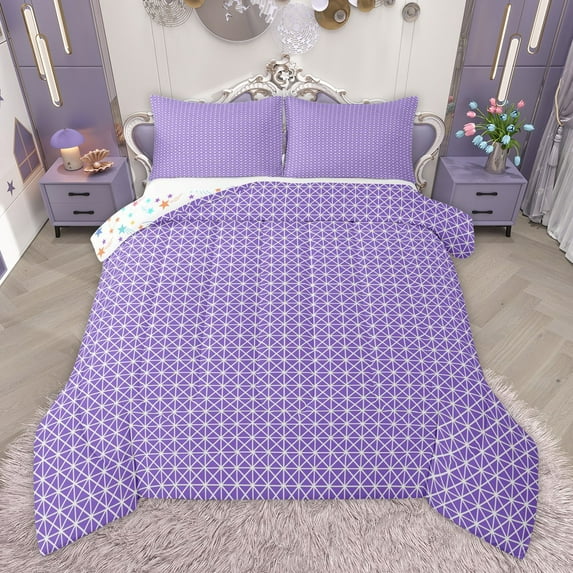 Manfei Kawaii Geometric Plaid 3 Pieces Queen Comforter Set for Teens Female Men,Purple White Ultra Soft Bedding Sets,Vintage Aesthetic Bedding Comforter Set,Luxury Bedroom Decor,Reversible