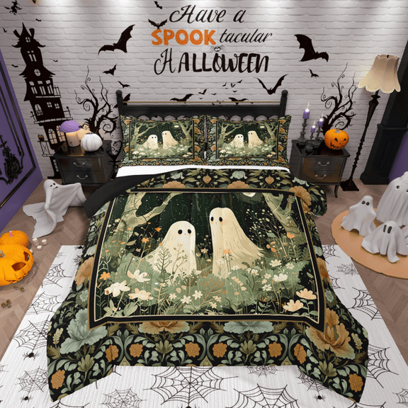 Manfei Kawaii Ghost 3-Piece Full Size Comforter Sets,Chic Flower Bedding Comforter Set,Happy Halloween Lightweight Bedding Sets,Ultra Soft Festival Home Decor,Reversible