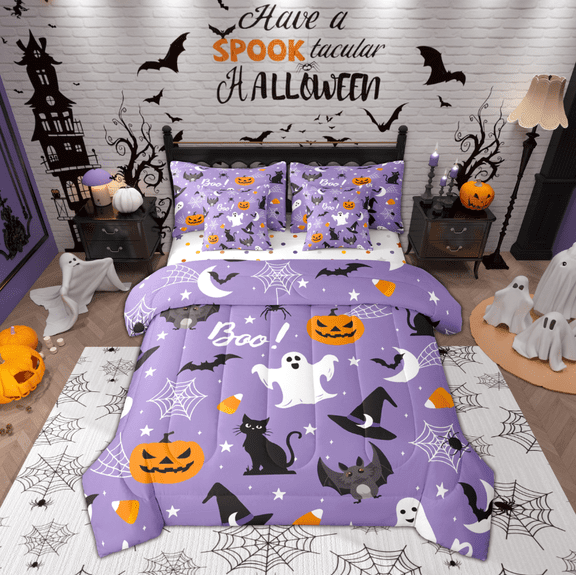 Manfei Kawaii Ghost 7-Piece Bedding Comforter Set,Halloween Pumpkin Lantern King Bedding Sets,White Spider Webs Bed Sheets For Girls Boys,Super Cozy Room Decor Reversible