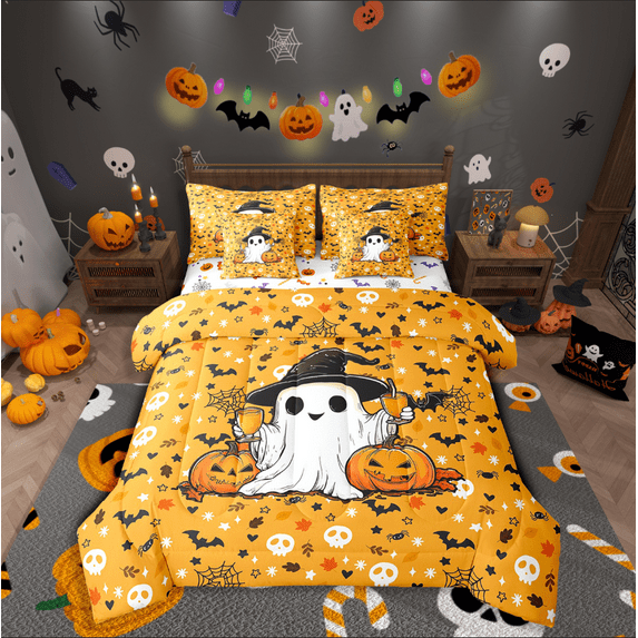 Manfei Kawaii Ghost Bed in a Bag Full size,Happy Halloween Bed Set,Pumpkin Bat Bedding Full Size,Microfiber Festival Bedroom Decorative,Reversible,7 Pieces