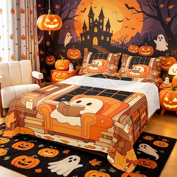 Manfei Kawaii Ghost Bed Sheets 4-Piece, Halloween Festival Full Size Sheets, Orange Brown Black,1 Fitted Sheet, 1 Flat Sheet and 2 Pillowcases