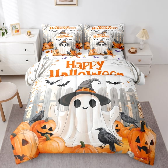 Manfei Kawaii Ghost Child Bedding Comforter Set 7pcs, Funny Orange Pumpkin Queen Bedding Sets, Happy Halloween Theme Reversible Queen Sheet Sets, Microfiber Bedroom Decor