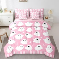 Manfei Kawaii Ghost Child Twin Bedding Sets 7-Piece, Pink Cartoon Halloween Animal Bedding Comforter Set, Sugar Gothic Style Reversible Sheet Sets, Ultra Soft Home Decor