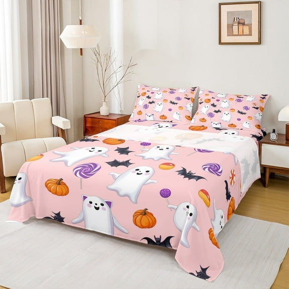Manfei Kawaii Ghost Child Twin Sheet Sets, Girly Pink Cartoon Twin Fitted Sheet, Sugar Halloween Style Flat Sheet, Super Cozy Room Decor, 3-Piece
