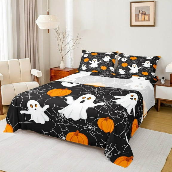 Manfei Kawaii Ghost Child Twin Sheet Sets, Pumpkin Spider Web Twin Fitted Sheet, Sugar Halloween Style Flat Sheet, Microfiber Bedroom Decor, 3 Pieces