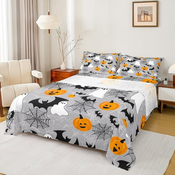 Manfei Kawaii Ghost Child Twin Sheet Sets, Spider Web Bat Print Twin Fitted Sheet, Sugar Halloween Style Flat Sheet, Microfiber Bedroom Decor, 3 Pieces