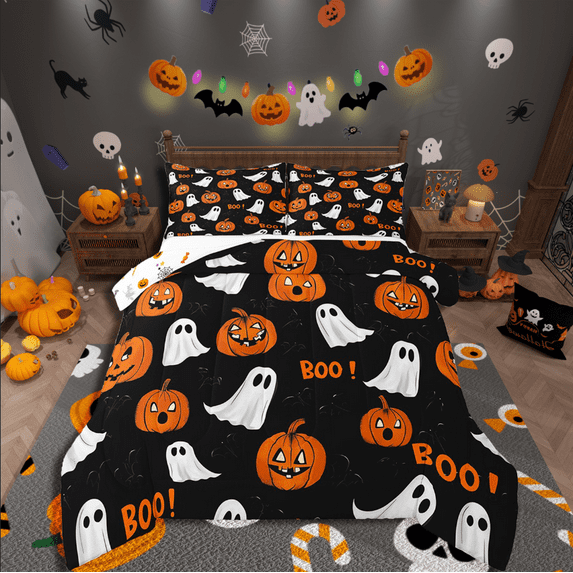 Manfei Kawaii Ghost Comforter Sets Toddler Size,Halloween Pumpkin Comforters & Duvets,Festival Theme Bedding Toddler Comforter Set,Super Cozy Cartoon Room Decoration,Reversible,2pcs