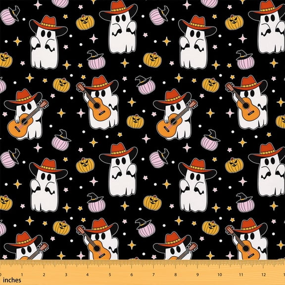Manfei Kawaii Ghost Fabric by the Yard 1 Yard, Halloween Pumpkin Home Decor Fabric by the Yard, Black