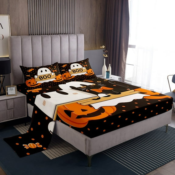 Manfei Kawaii Ghost Full Sheet Sets,Halloween Pumpkin Bedding Full Size,Polka Dots Bed Sheets Set Full Size,Breathable Cartoon Room Decoration,4-Piece