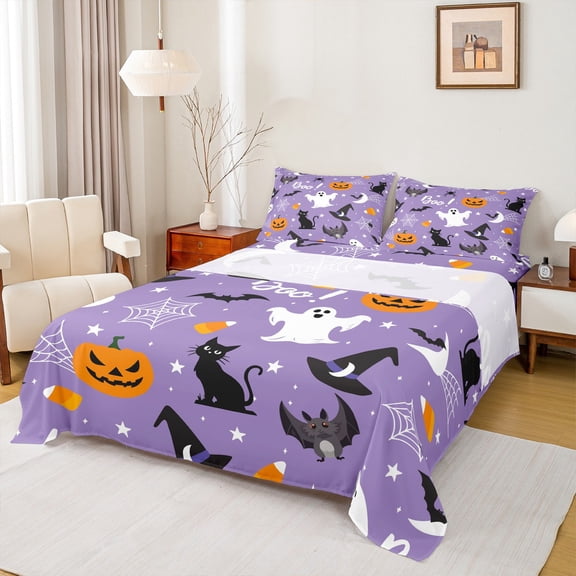 Manfei Kawaii Ghost Full Size Sheets,Halloween Pumpkin Lantern Bed Sheets,White Spider Webs Sheet Sets For Girls Boys,Super Cozy Room Decor,4pcs