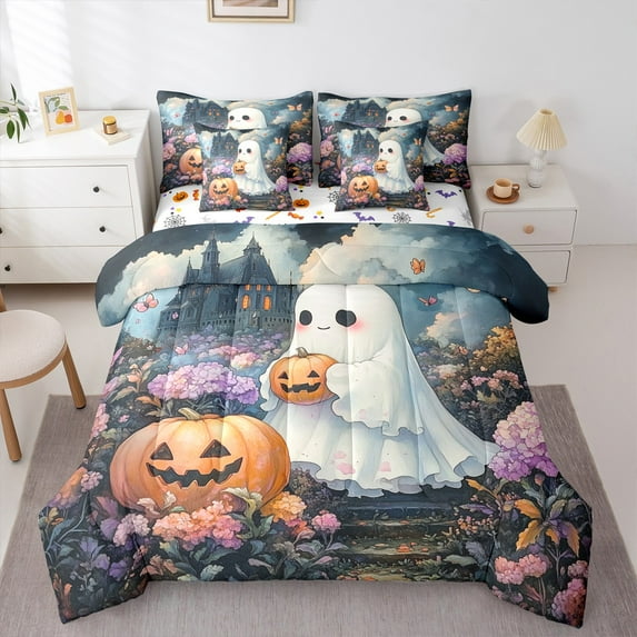 Manfei Kawaii Ghost Pumpkin 7-Piece Bedding Comforter Set,Western Halloween Ptheme King Bedding Sets,Colorful Flower Floral Bed Sheets For Kids,Luxury Bedroom Decor Reversible
