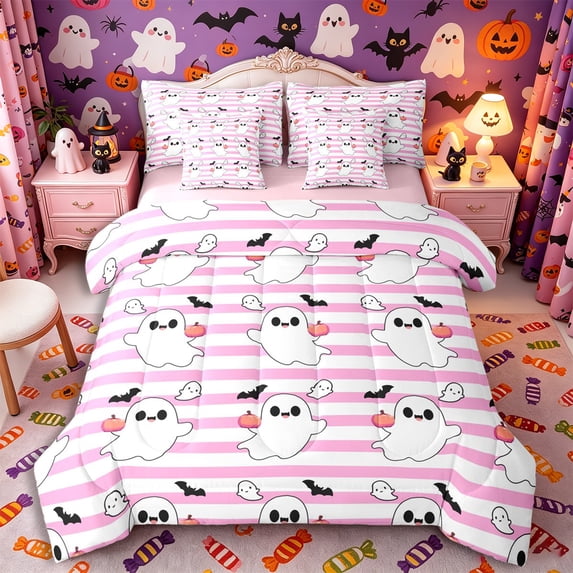 Manfei Kawaii Ghost Pumpkin Queen Bedding 7pcs, Halloween Cute Bat Bedding Comforter Set Queen, Pink White Black,Pink Reversible