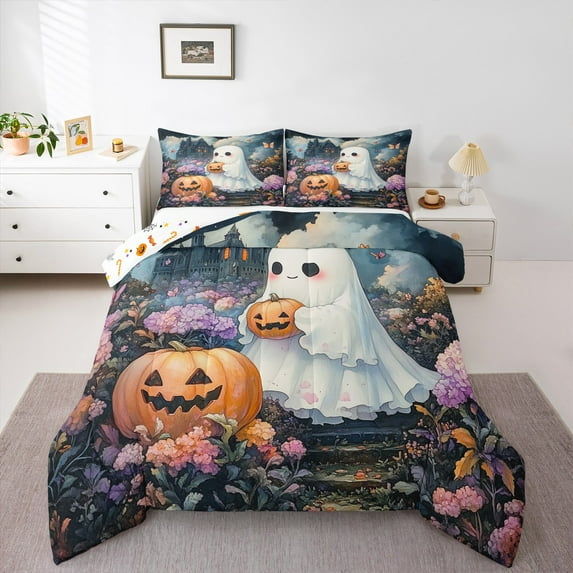 Manfei Kawaii Ghost Pumpkin Queen Comforter Set,Western Halloween Ptheme Bedding Sets,Colorful Flower Floral Bedding Comforter Set For Kids,Luxury Bedroom Decor Reversible,3 Pieces