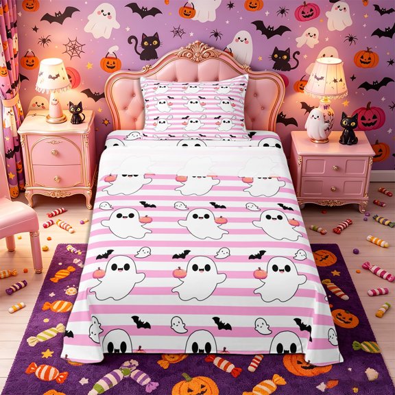 Manfei Kawaii Ghost Pumpkin Twin Sheets 3pcs, Halloween Cute Bat Bedding, Pink White Black,1 Fitted Sheet, 1 Flat Sheet and 1 Pillowcase
