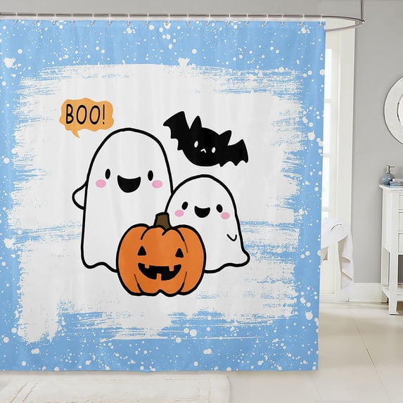 Manfei Kawaii Ghost Shower Curtain 72Wx78L,Happy Halloween Bath Curtain