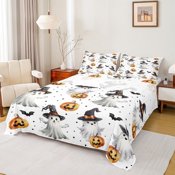 Manfei Kawaii Ghost Twin Sheet Sets,Halloween Theme Twin Fitted Sheet,Pumpkin Lantern Bats Flat Sheet For Girls Boys,Super Cozy Room Decor,3pcs