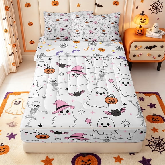 Manfei Kawaii Ghost Zipper Twin Comforter Sets with Fitted Sheet and 2 Pillowcases,Halloween Skeleton Print Zipper Bedding Set,Halloween Reversible,4pcs