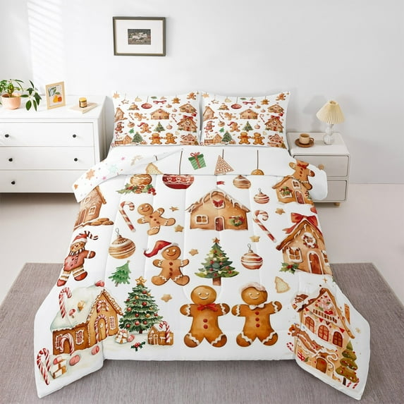 Manfei Kawaii Gingerbeard Man Queen Comforter Set,Chic Christmas Tree Bedding Sets,Sweet Candy Cane Bedding Comforter Set For Kids,Luxury Bedroom Decor Reversible,3 Pieces