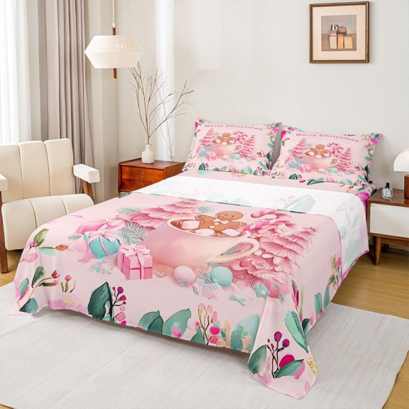 Manfei Kawaii Gingerbeard Man Twin Sheet Sets,Girl Christmas Gifts Twin Fitted Sheet,Sweet Xmas Dessert Flat Sheet For Kids,Luxury Bedroom Decor,3-Piece