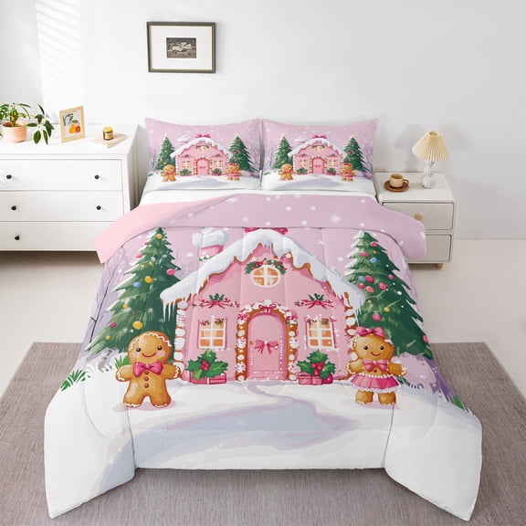 Manfei Kawaii Gingerbraed Man Queen Comforter Set,Christmas Gingerbread House Bedding Sets,Merry Xmas Bedding Comforter Set For Girls,Ultra Soft Home Decor Reversible,3 Pieces