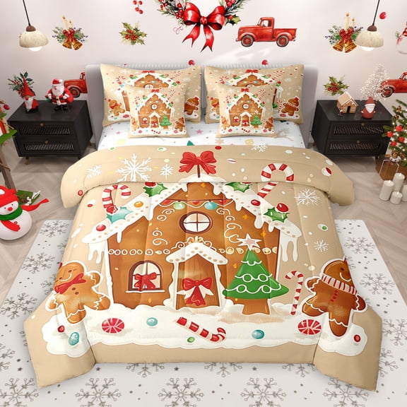 Manfei Kawaii Gingerbread House 7-Piece Twin Bedding Sets, Christmas Candy Cane Bedding Comforter Set,Sweet Xmas Dessert Sheet Sets For Girls Kids,Breathable Home Decor Reversible
