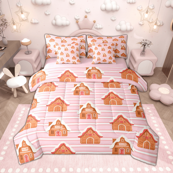 Manfei Kawaii Gingerbread House Bedding Comforter Set 7 Pieces for Girls, Merry Christmas Queen Bedding Sets, Cute Pink Stripe Queen Sheet Sets, Luxury Bedroom Decor