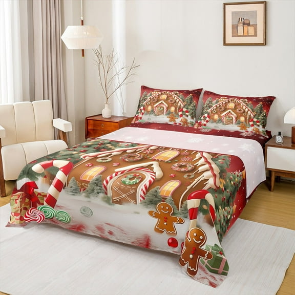 Manfei Kawaii Gingerbread House Twin Sheet Sets,Christmas Candy Cane Twin Fitted Sheet,Red Brown Green Flat Sheet For Girls Kids,Breathable Home Decor,3 Pieces