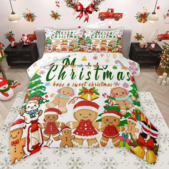 Manfei Kawaii Gingerbread Man 2pcs Bedding Comforter Set for Preppy Kids Children,Merry Christmas Twin Comforter Sets,Happy Xmas Breathable Bedding Set,Ultra Soft Home Decor,Reversible