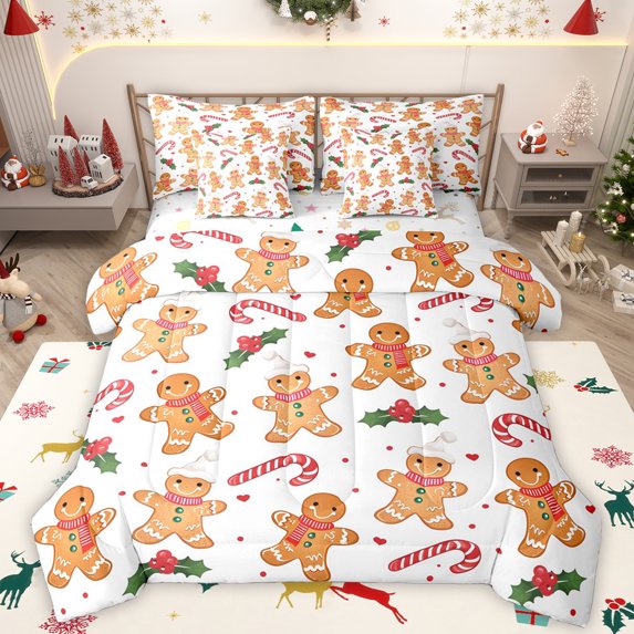 Manfei Kawaii Gingerbread Man 7-Piece Bedding Comforter Set,Happy Christmas King Bedding Sets,Xmas Flowers Red Berry Bed Sheets For Teens,Ultra Soft Home Decor Reversible