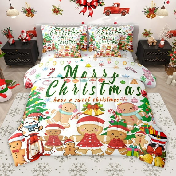 Manfei Kawaii Gingerbread Man 7-Piece Twin Bedding Sets for Preppy Kids Children,Merry Christmas Bedding Comforter Set,Happy Xmas Breathable Sheet Sets,Ultra Soft Home Decor,Reversible