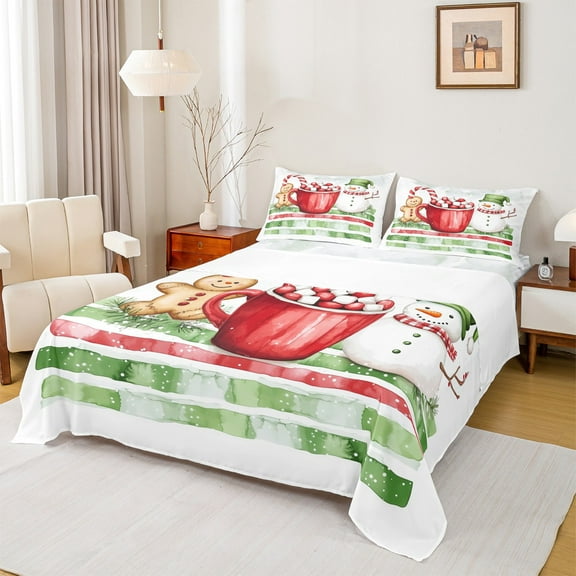 Manfei Kawaii Gingerbread Man Bed Sheets,Christmas Candy Cane King Sheets,Cute Xmas Snowmen Sheet Set For Teens,Ultra Soft Home Decor,4pcs