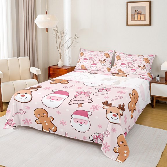 Manfei Kawaii Gingerbread Man Bed Sheets, Girly Pink Santa Claus King Sheets, Cartoon Christmas Deer Sheet Set, Luxury Bedroom Decor, 4-Piece